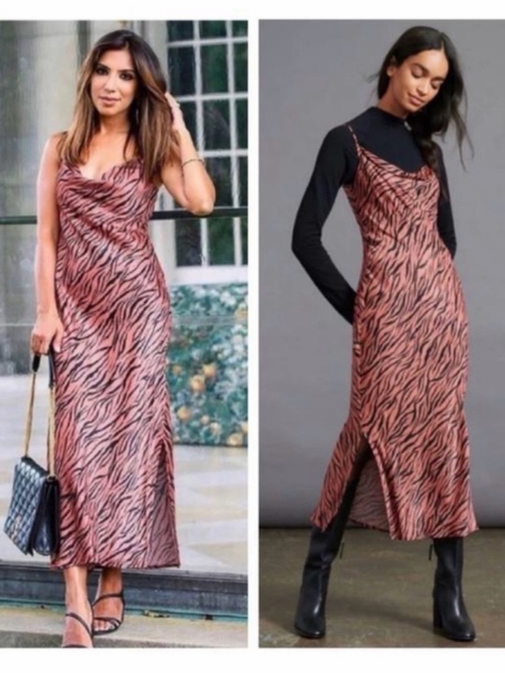 Anthropologie Elyse Bias Cut Zebra Print Slit Hem Cowl Midi Dress Size Small